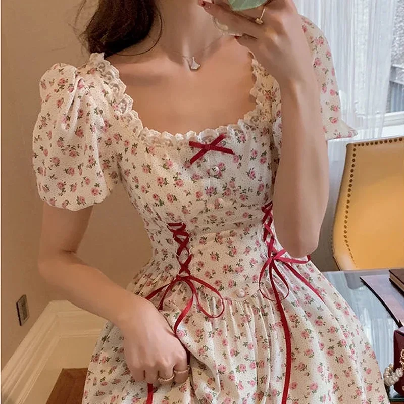 

Floral Lace Dress Girl Style Elegant Puff Sleeve Bandage Kawaii Fairy Princess Mini Short Dresses Woman 2022 Clothing Ropa Mujer