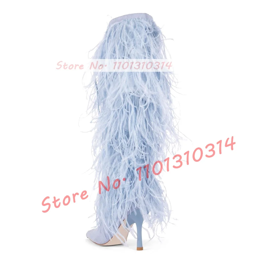 Женские сапоги до колена с бахромой и заостренным носком на высоком каблуке