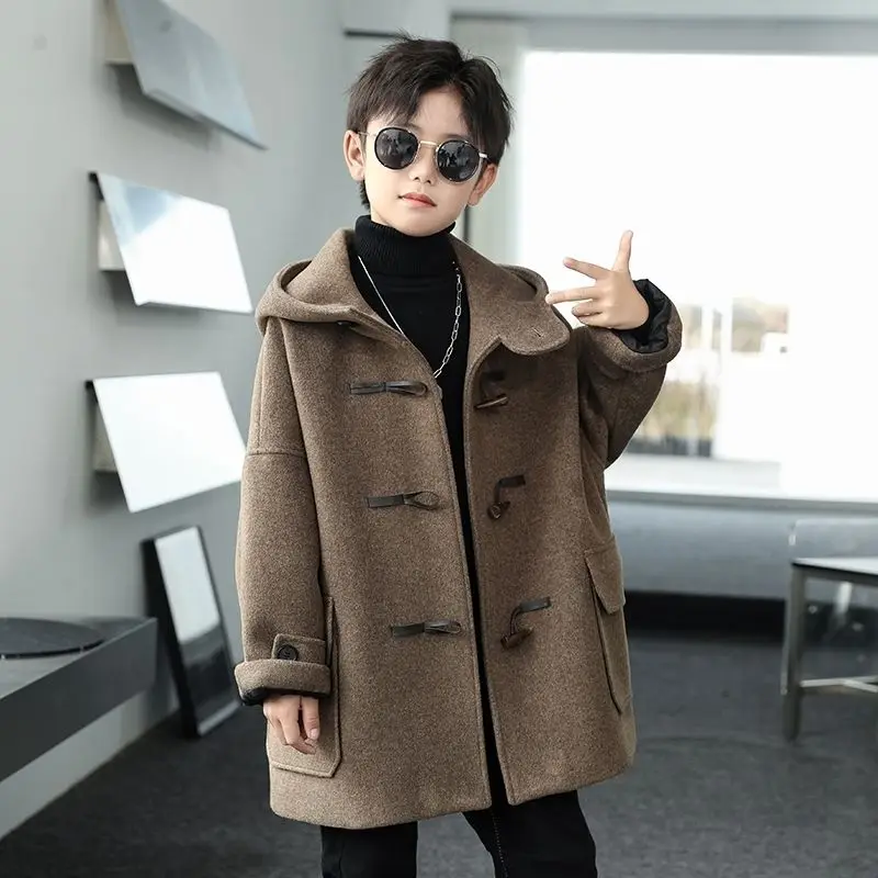 New Jacket for Boys Woolen Coat New Fashion Hooded Autumn and Winter Solid Color Double-breasted Children's Outerwear Cloth F121