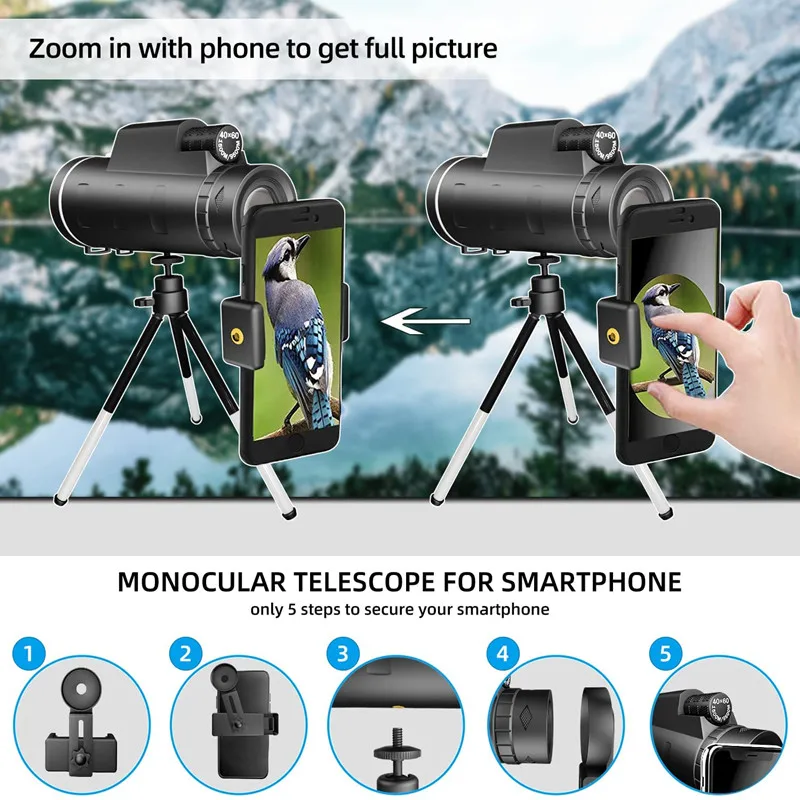 Монокулярный телескоп 40X60 HD монокулярный для взрослых адаптер смартфона