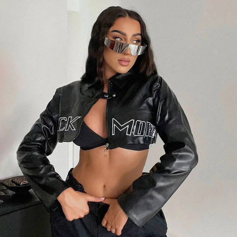 

Black PU Leather Streetwear Punk Jackets Women Sexy Stitching Zipper Lapel Jacket Fashion Short Harajuku Letter Splicing Jackets