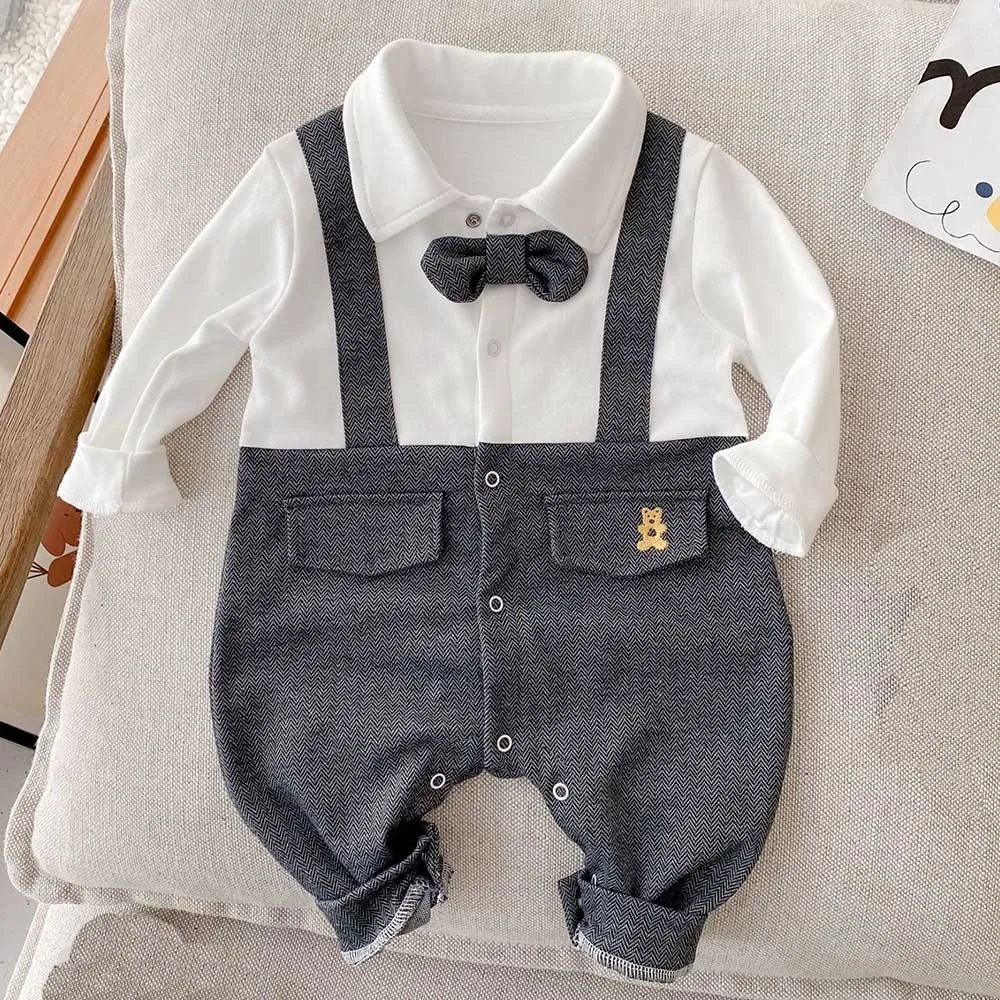 

Baby Boy Onesie Long Sleeve Patchwork Turn-Down Collar Spring Autumn Newborn Clothes First Birthday Gentleman Infant Rompers