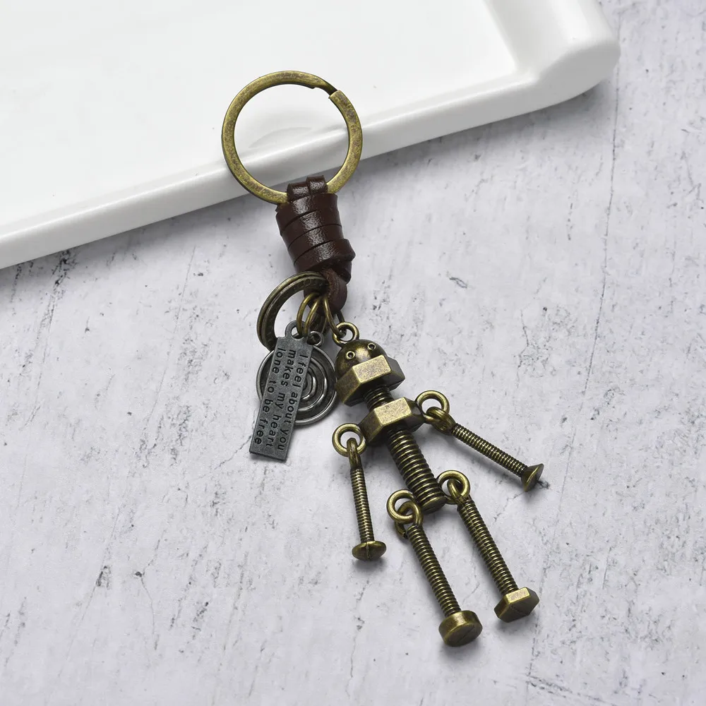 Accessories retro male and female lovers cowhide key chain with movable hands and feet creative robot Keychain