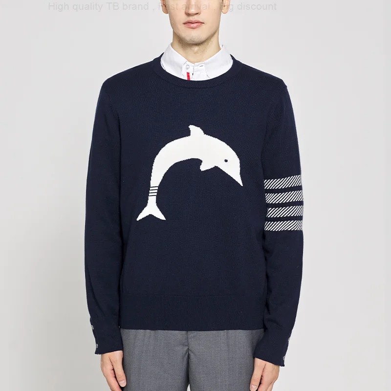 Wool Knitted TB THOM Pullovers Men's Dolphins Embroidery Striped 4-Bar Coats Korean Fashion Casual Brand Striped Sweaters