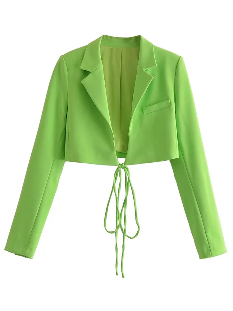 M GIRLS Women Fashion With Tied Cropped Green Blazer Coat Vintage Long Sleeve Female Outerwear Chic Veste Femme