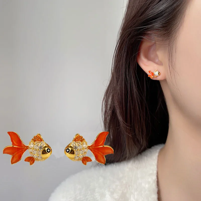 

Chinese Style Orange Red Three-dimensional Koi Earrings for Women Simplicity Niche Good Luck Goldfish Jewelry Girlfriend Gift