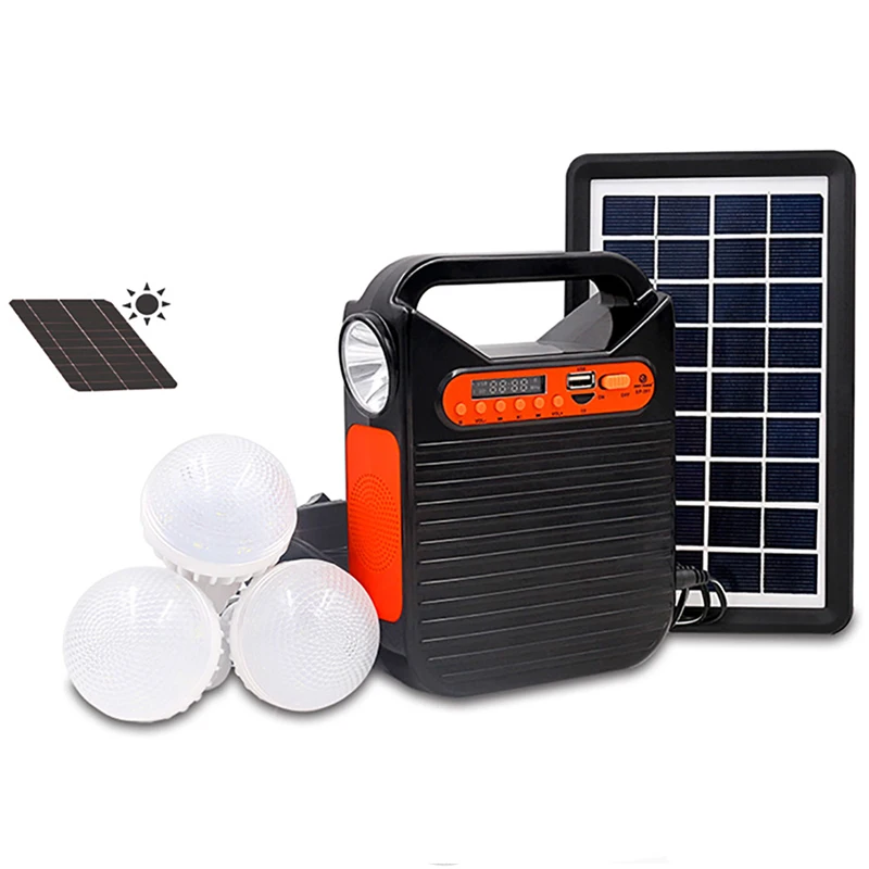 25W Home Bluetooth USB Charger Home System Solar Power Panel Generator Kit with FM Radio 3 LED Bulbs Light Emergency Lighting