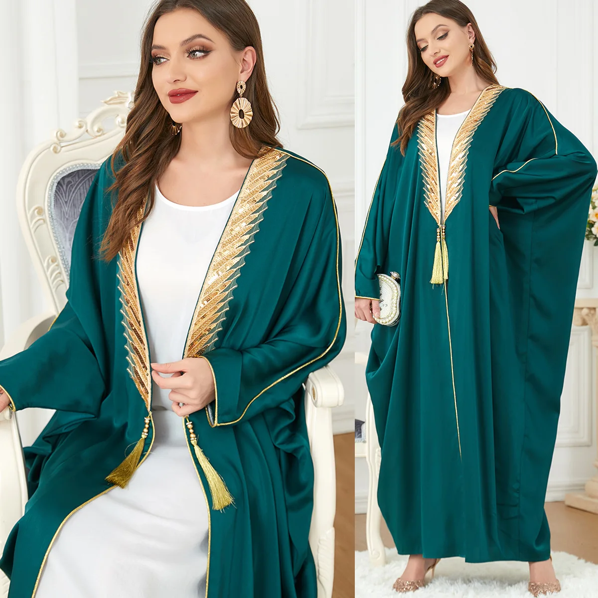 

Wepbel Long Sleeve Muslim Dress Autumn Women Batwing Sleeve Abaya Islamic Clothing Arab High End Open Abaya Cardigan Kimono