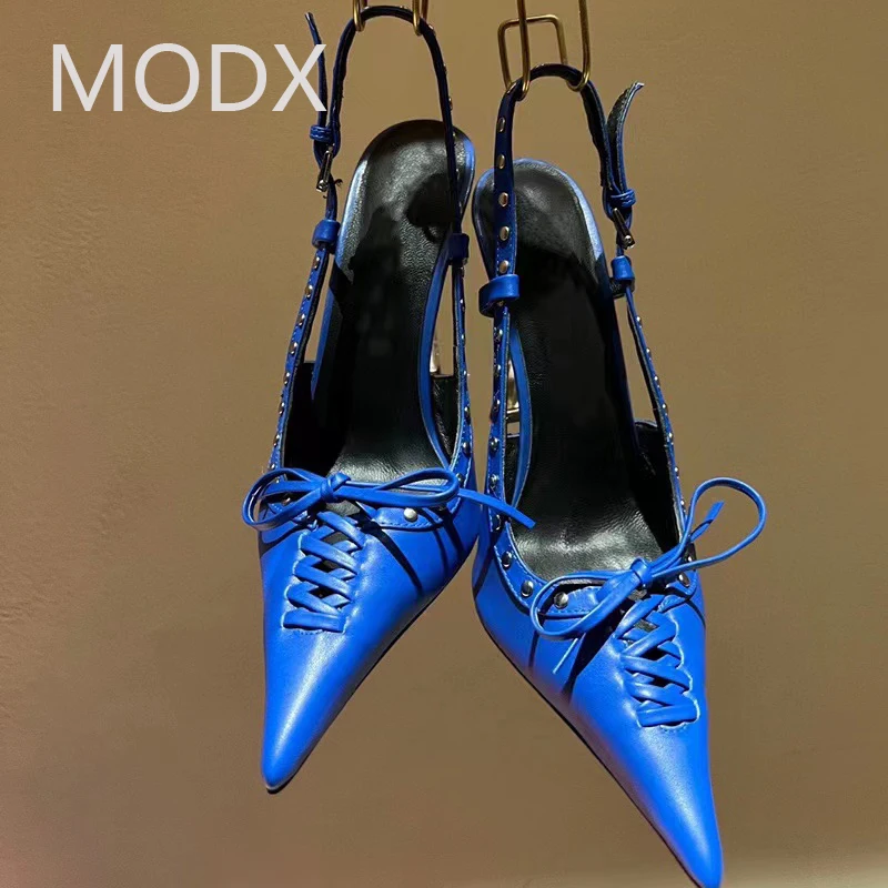 

Women's Pumps High Quality Metal Rivets Heel Lace-Up Genuine Leather Gladiator High Heels Sexy Weave Pointed Toe Buckle Shoes 40