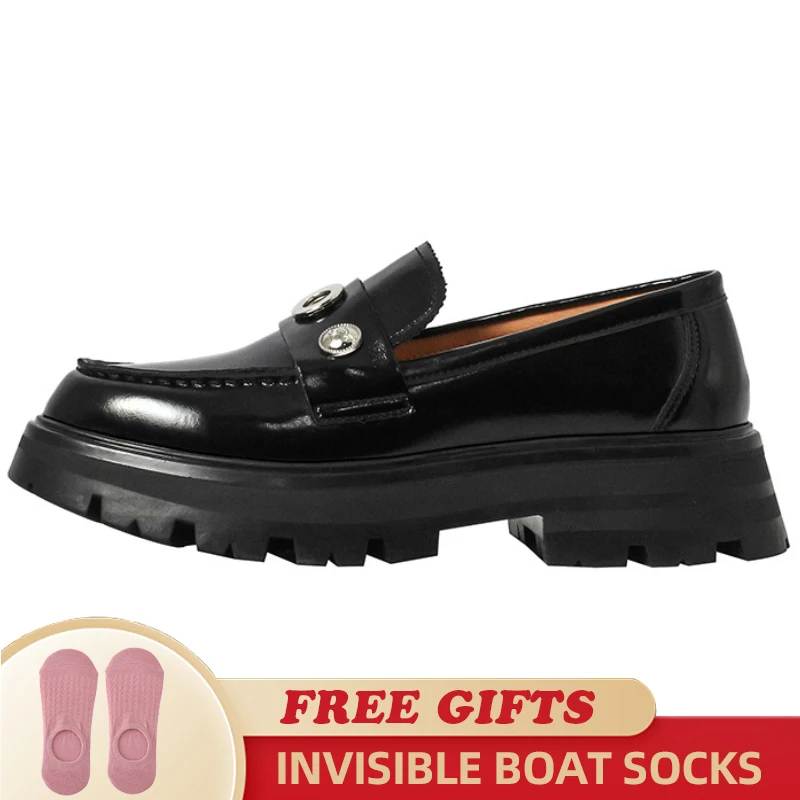 

Women Genuine Leather Loafers Slip-On Shallow Student British Style Thick Heels Round Toe Casual School Pumps Ladies Black Shoes