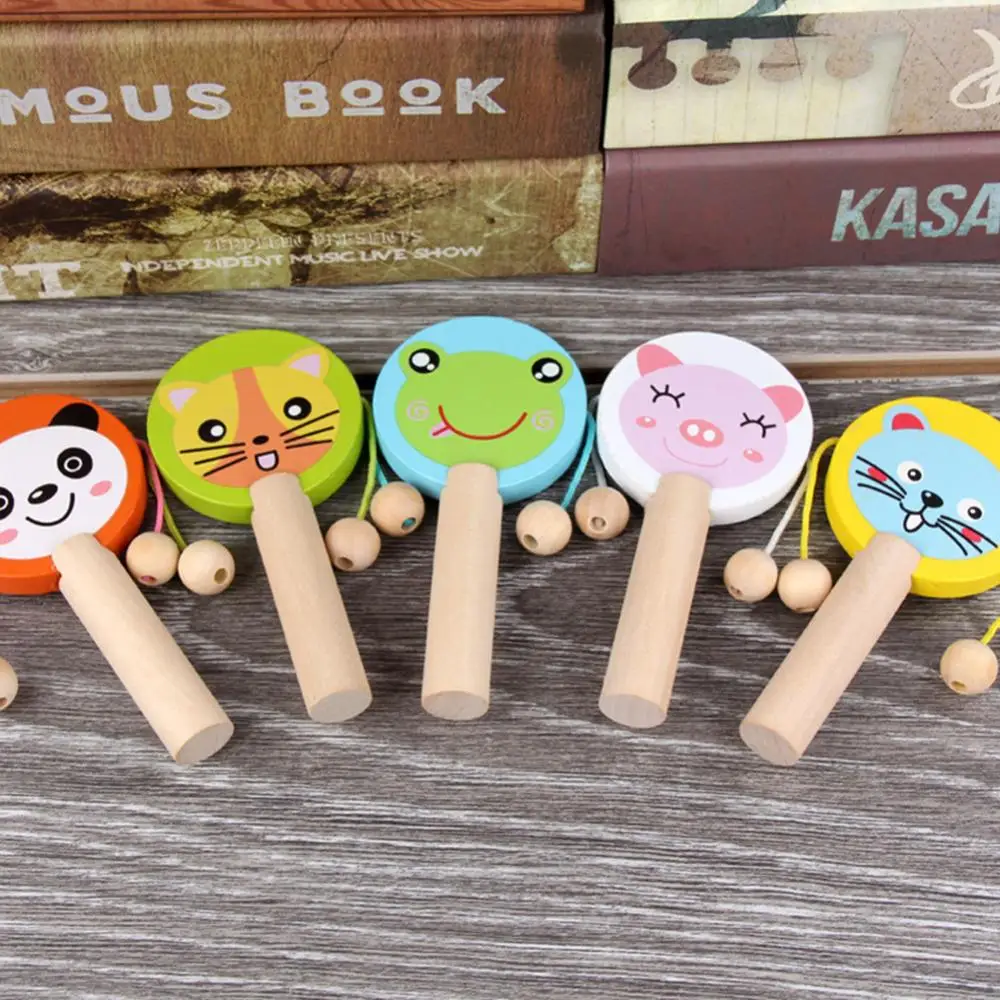 Cartoon Animal Wooden Handheld Musical Rattle Drum Shaker Education Baby Toy