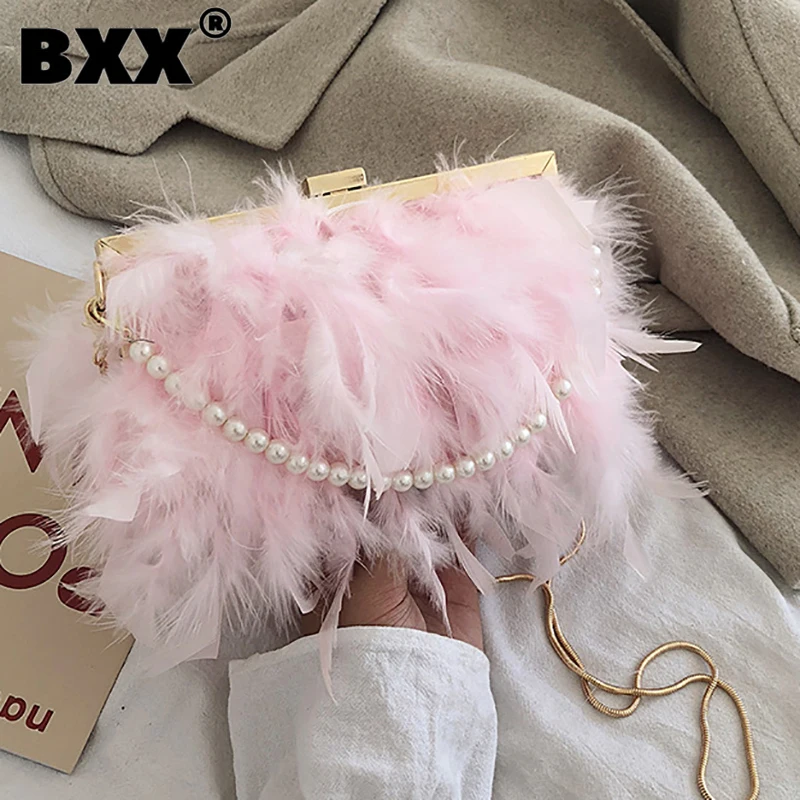 

[BXX] Simply Versatile Party Feathers Chains Pearls Handbag Women 2023 New Fashion Trendy Evening Wedding Shoulder Bags 18B0989