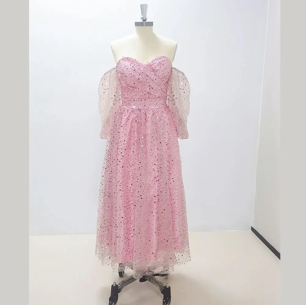 Красивое Розовое Вечернее платье с блестками и открытыми плечами новые модные