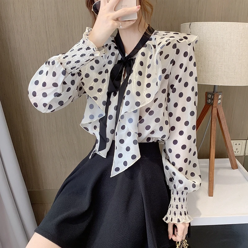 

French Fashion Ladies Bandage Wave Point Chiffon Shirts Blouses Women Tops Female Woman Button Up Shirt Girls Long Sleeve Blouse