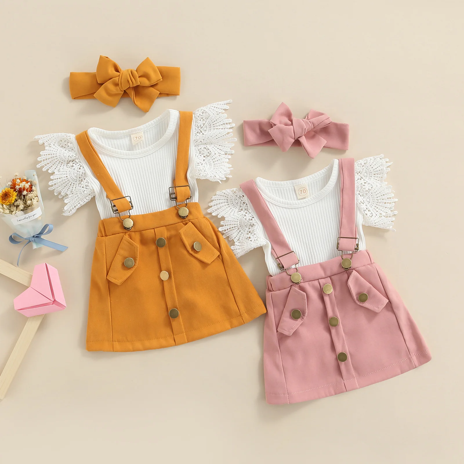 

Infant Kids Baby Girls Summer Cotton Outfit Sets White Flying Sleeve Ribbed Bodysuit Solid Color Suspender Skirts Bow Headband