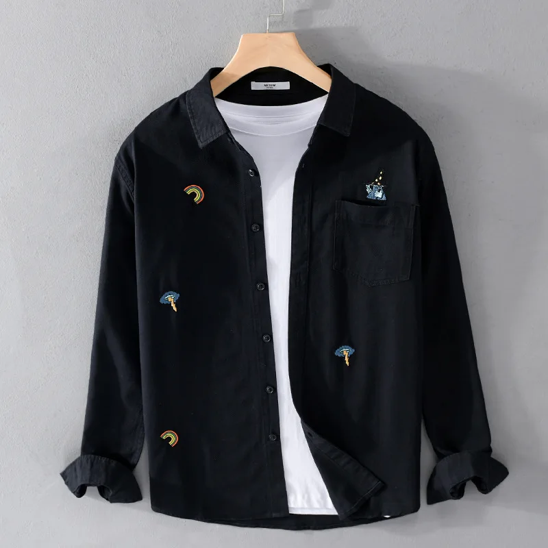 

Мужская длинная рубашка с вышивкой, белая Повседневная универсальная рубашка с длинными рукавами, весна 2022