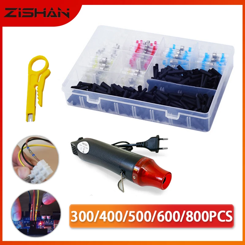 

800pcs Solder Seal Wire Connectors With 300W Hot Air Gun Heat Shrink Insulated Electrical Wire Terminals Butt Splice CableCrimp