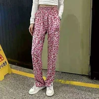 new ulzzang full length loose straight trousers design fall bf trendy college 2021 women casual pink leopard pants streetwear
