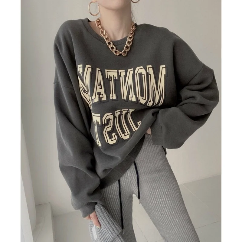 

2022 New Letter Sweater Korean Chic Round Neck Letter Print Design Versatile Casual Pullover Loose Long Sleeve Sweater