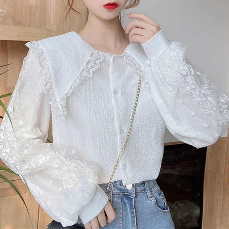 

Женская кружевная блузка с рюшами, однотонная просторная рубашка с длинным рукавом и пуговицами-фонариками в Корейском стиле на весну