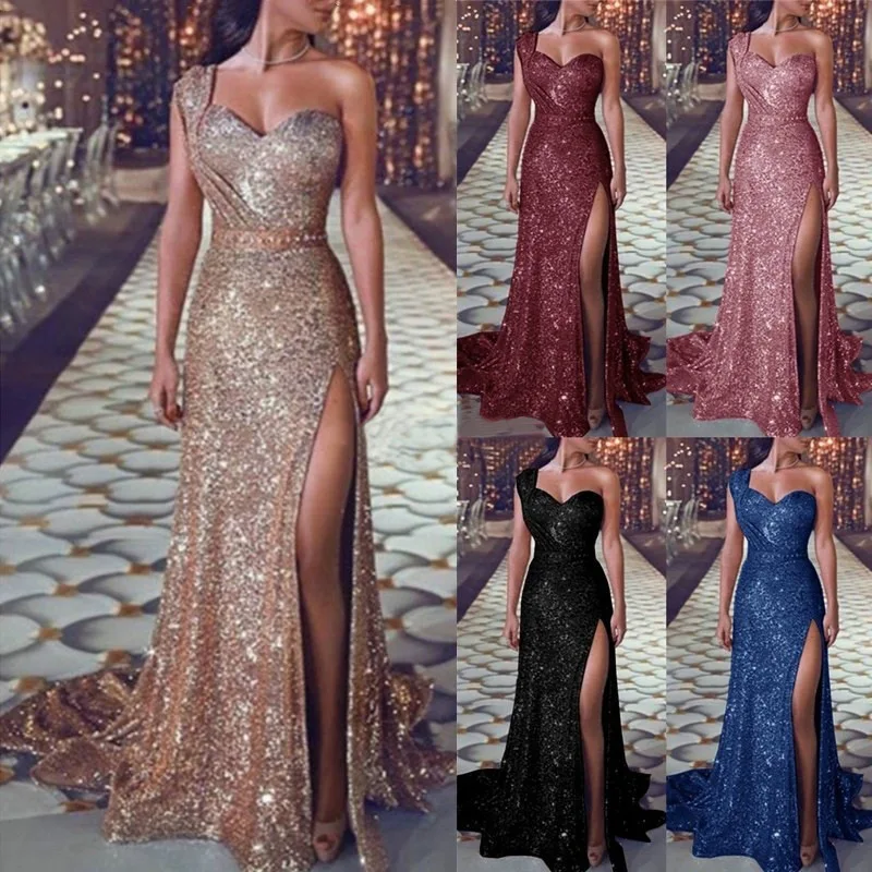 Luxury Floor Length Dresses For Women Wedding Party Clothes Split Strapless Sequins Long Evening Gowns Female Gold Summe