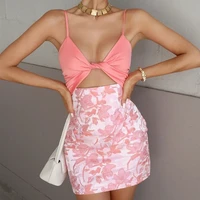 sexy party two piece summer women mini skirt set fashion hollow out patchwork pink dress set business slim sleeveless skirt suit