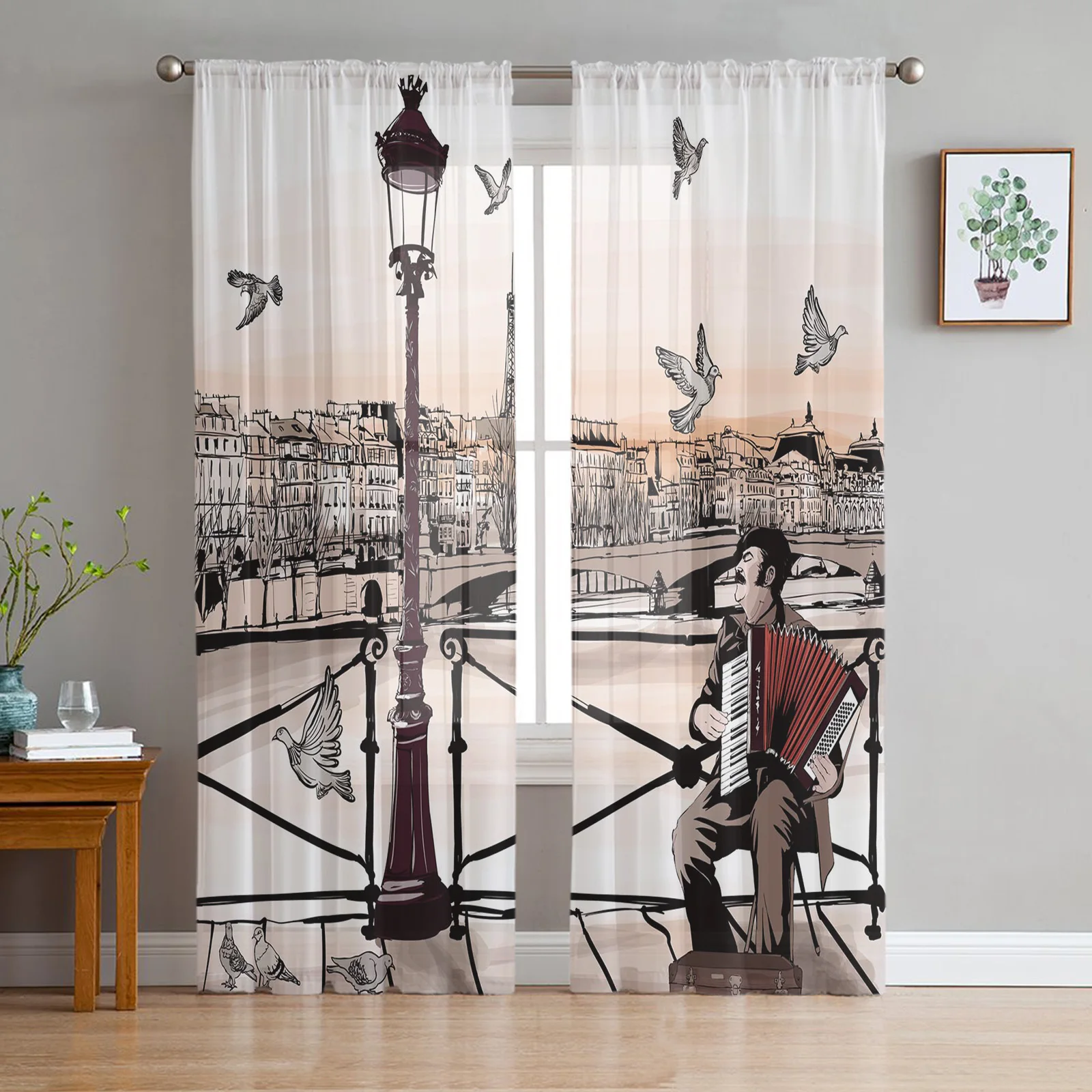 

Accordionist Art Bridge Paris Pigeon France Tulle Curtains for Living Room Bedroom Chiffon Sheer Voile Kitchen Window Curtain