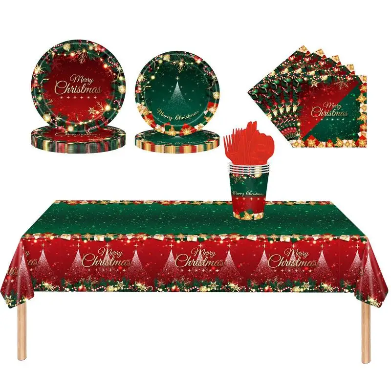 

Merry Christmas Theme Party Disposable Tableware SetClassic And Creative 117 Pcs/Set Paper Plates Napkins Cups Tablecloth