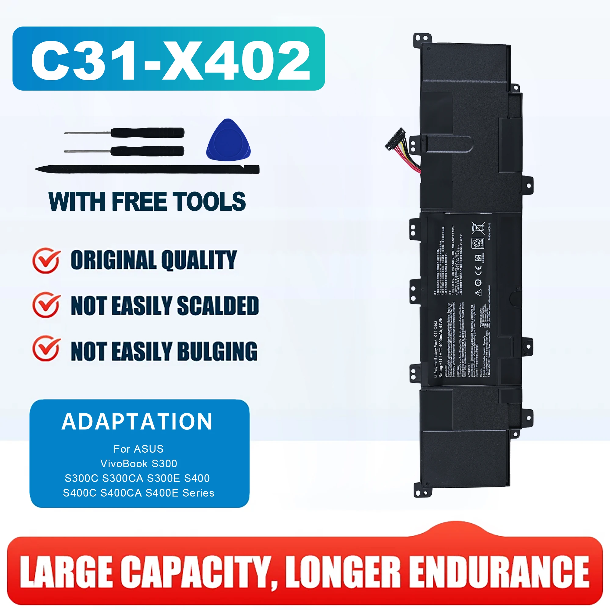 Фото Аккумулятор для ноутбука 11.1V 4000mAh C31-X402 для Asus VivoBook S300 S400 S400C S400E S500 S500C X402 X402C V400C, новый, высокого качества №1
