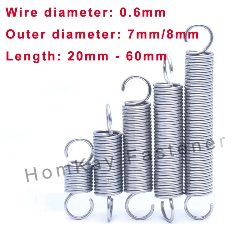 

10/20 Pcs WD 0.6mm*OD 7mm/8mm 304 Stainless Steel S Hook Tension Cylindroid Helical Pullback Extension Tension Coil Spring