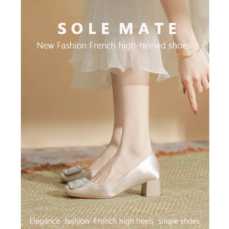 SOLEMATE Women's Genuine Leather Single Shoes, Thick Heel Rhinestone High Heels, Suitable for Wedding/Banquet Shoes