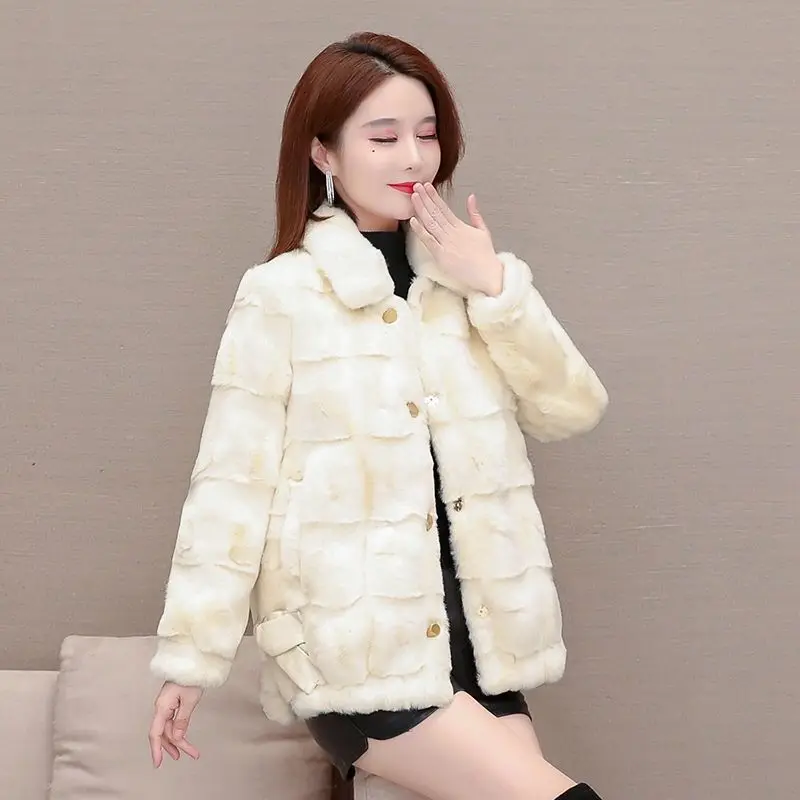 Winter Female Thicken Warm Faux Fur Coat Women Casual clothes Mink Stand-up Collar Overcoat Fluffy Cozy Outerwear rabbit