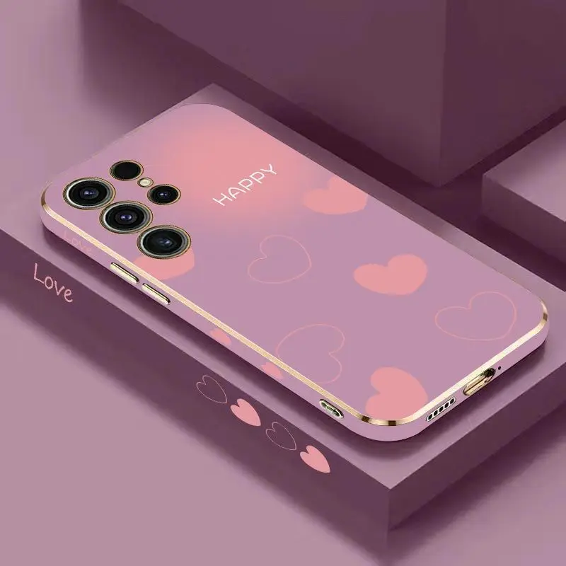 Pink Heart Luxury Plating Phone Case For Samsung Galaxy S23 S22 S21 S10 S9 S8 Plus Note 20 ultra 10 Plus Cover