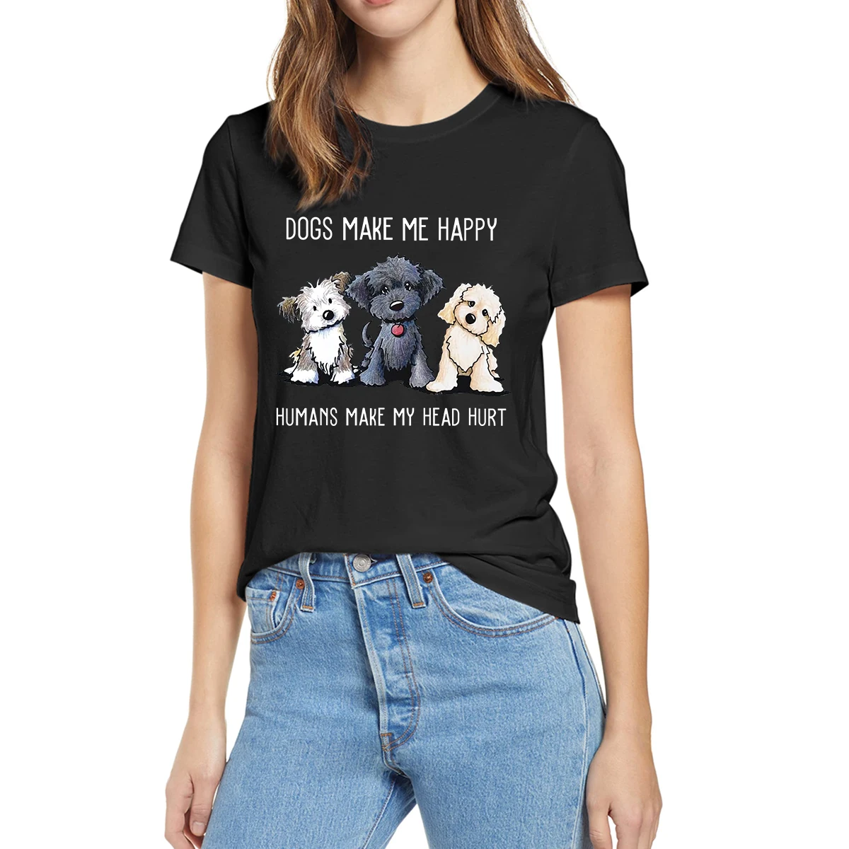 

100% Cotton Kawaii Dogs Make Me Happy Human Make My Head Hurt Summer Women Casual Novelty Oversized T-Shirt Unisex Loose Top Tee