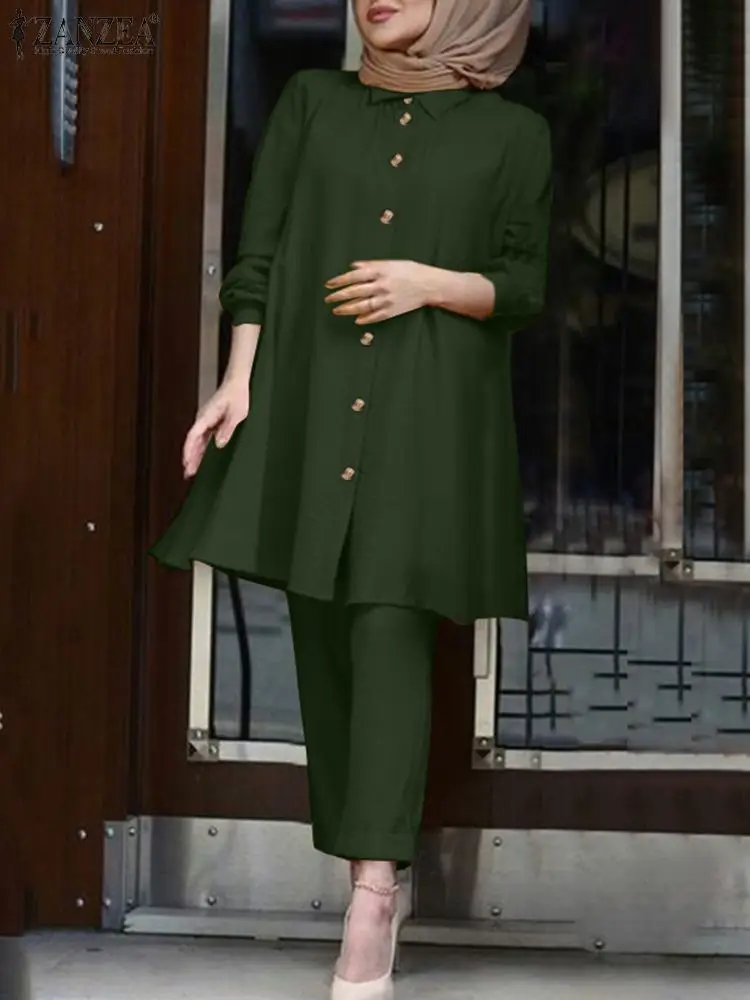 

Fashion Long Robe Women Matching Sets ZANZEA 2022 Casual Puff Sleeve Muslim Blouses Muslim Sets Pants 2PCS Turkey Abayas Suit