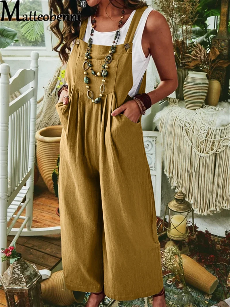 Elegant Solid Color Strap Pants Women Hemp Cotton Sleeveless Splicing Pocket Jumpsuit Female 2023 Casual Loose Wide Leg Trousers