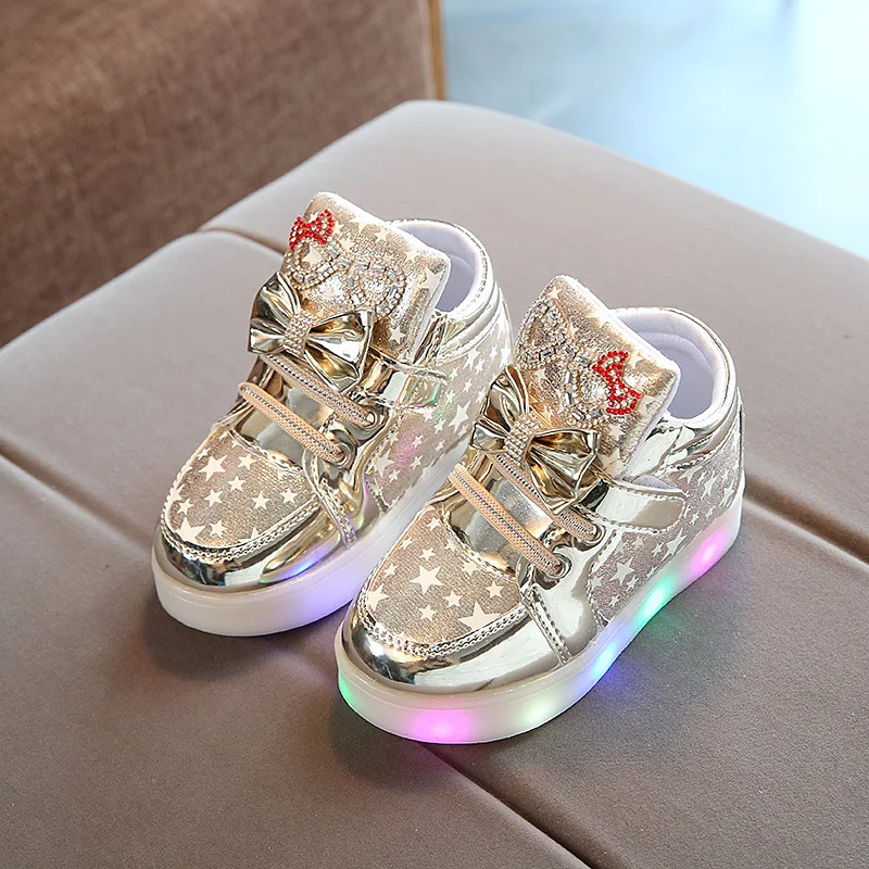 

Size 21-30 Baby LED Shoes With Lights Luminous Sneakers For Kids Girls Glowing Light Up Shoes Bowknot Shoes For Baby Girls tenis