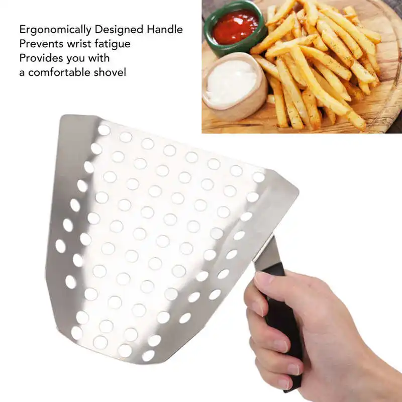 

Popcorn Scoop Ergonomic Single Handle Stainless Steel Fries Scooper with Holes for Movie Theater Shop French Fry Scoop