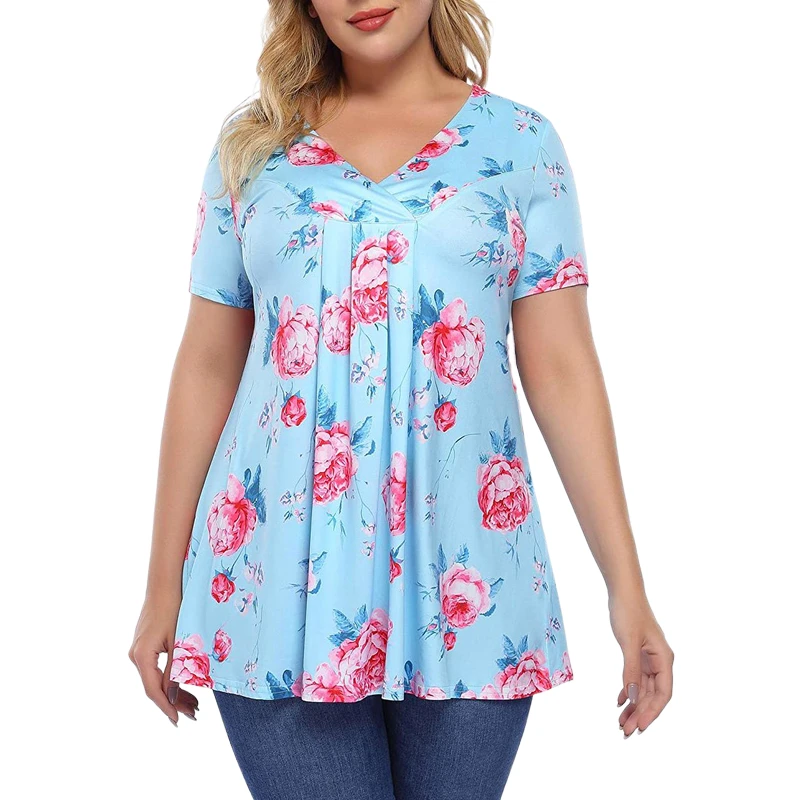 Plus Size Fashion Pleated Floral Tunic TShirt Casual Summer Ladies V-Neck Tunic Tops Women Short Sleeve Ruched Casual Pullover
