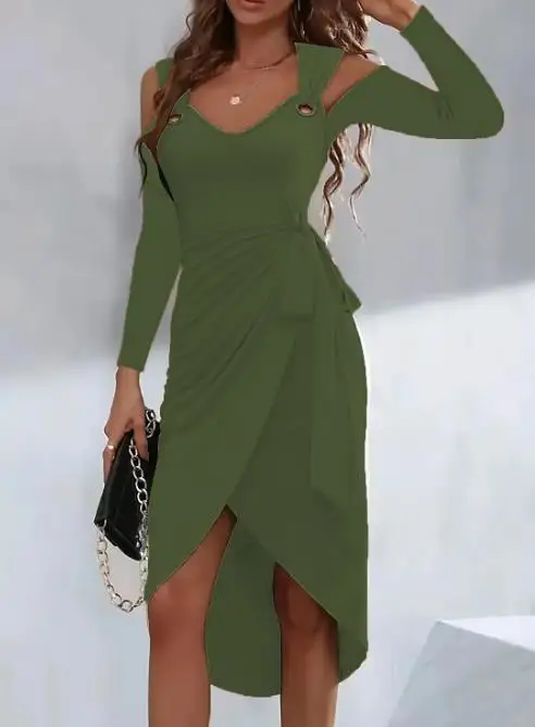 

Dresses for Women 2023 Autumn Winter New Solid Long Sleeve Metal Button V-Neck Lace Up Casual Elegant Dress Female Clothes