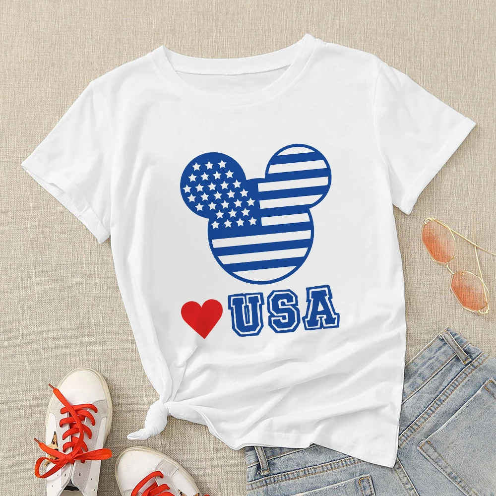 

Disney Mickey Mouse Women Clothes Love USA Fourth of July Popular Festival Shirt Short Sleeve Street Casual Female T-shirts