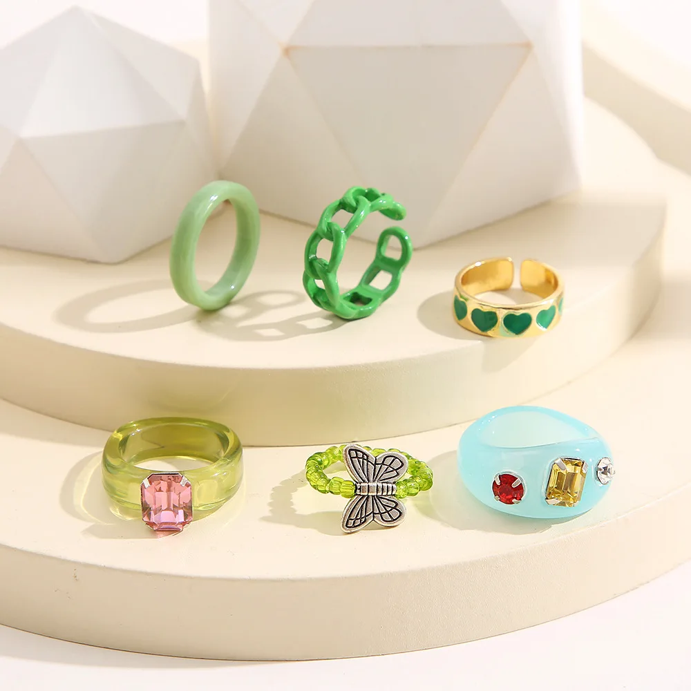 

6 pcs Acrylic Resin Metal Butterfly Ring Set Women Cute Cutout Ring Party Jewelry Accessories