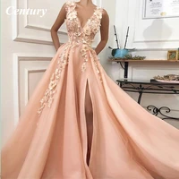 peach prom dress v neck prom gown a line handmade weddding party dress flower a line evening gown high split vestidos de fiesta