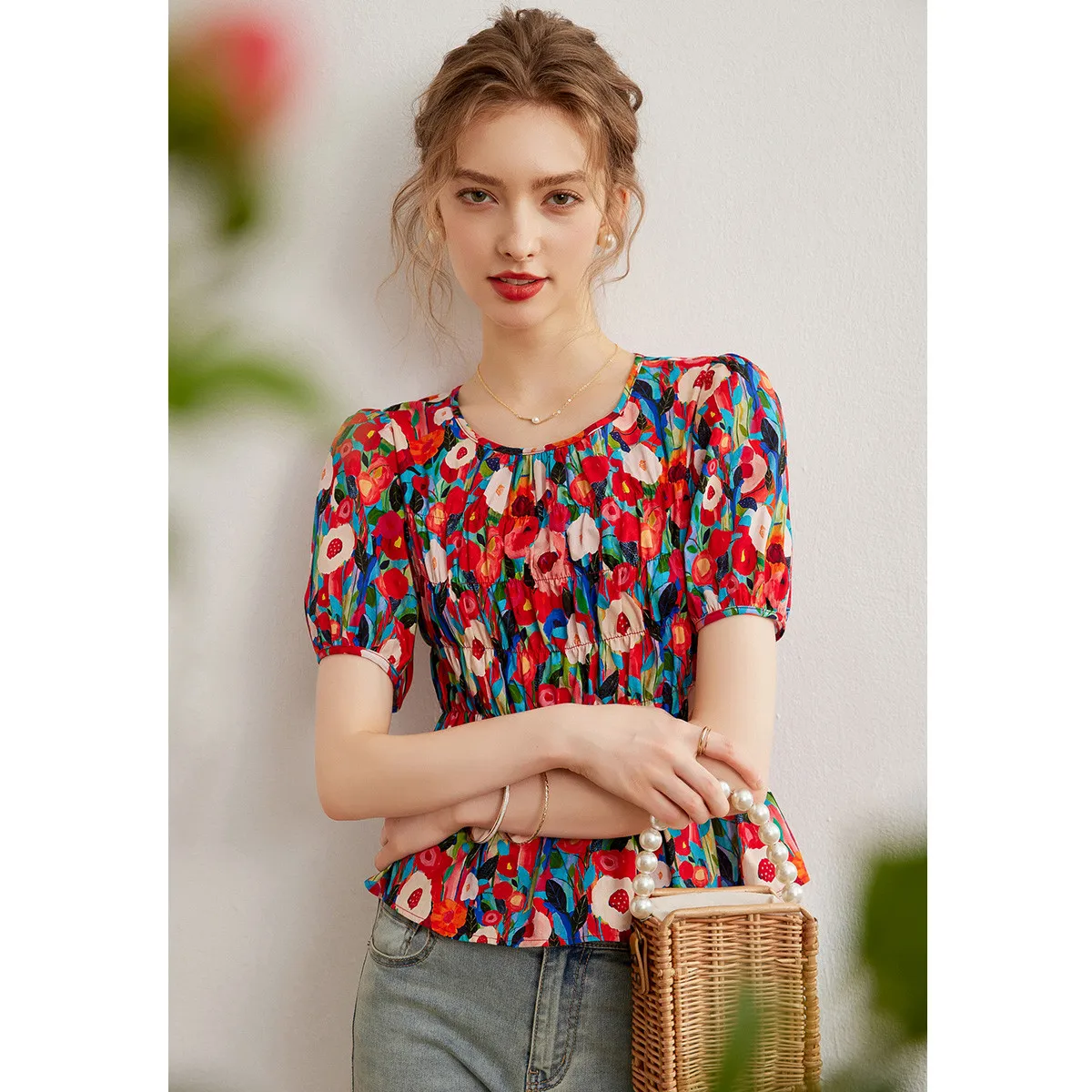 Рубашка LOUIS YAO с цветочным принтом блузки из 100% хлопка лето 2024 приталенный