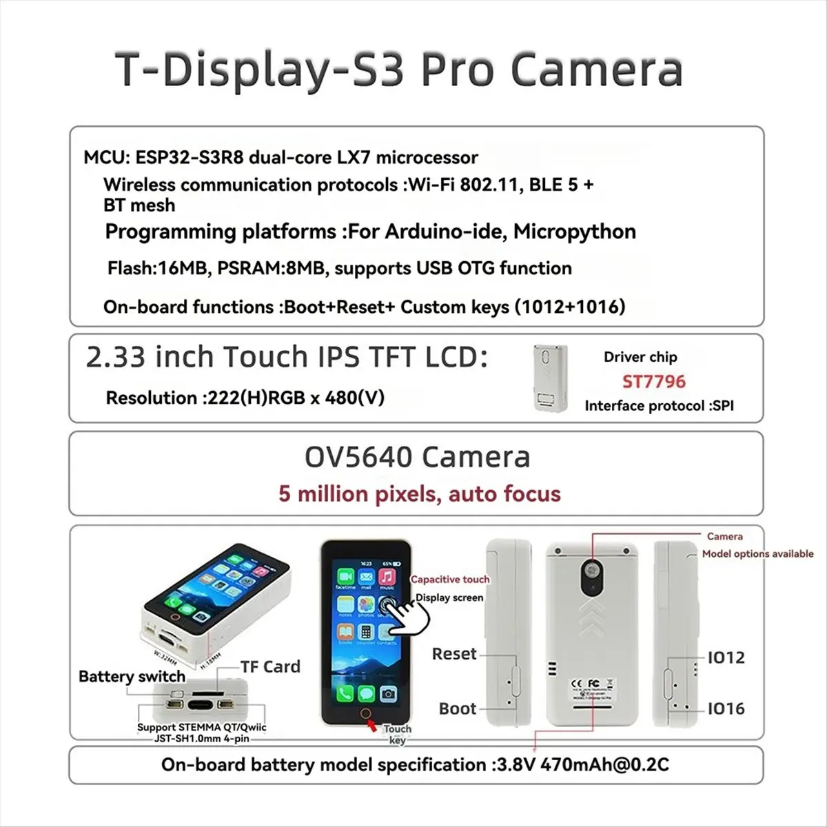 Фото Высококачественная плата разработки T-Display Pro + камера OV5640 5 МП - 2,33-дюймовый сенсорный ЖК-модуль Wi-Fi 802.11 BLE 5+BT Mesh D №5