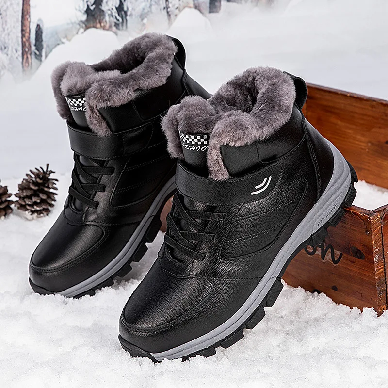 

2022 Winter Couple Casual Boots Stylish Leather High-top Sneaker For Men Outdoor Quality Warm Plush Lined Female Shoes
