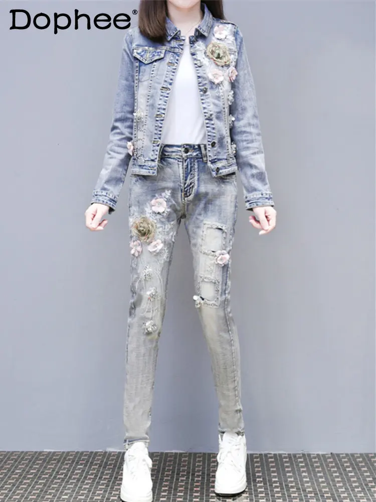 

European Denim Suit Women's Two Piece Set Spring Autumn New Three-Dimensional Flower Embroidery Beads Coat + Stretch Jeans 2023