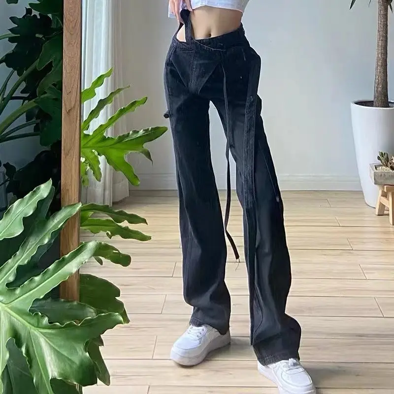 

2022 Summer Denim Y2k Straight Leg Pants Hot Girl Style Sexy Strechy Trousers Women Lace Up High Waist Harajuku Jeans L268