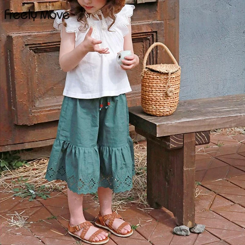 

Freely Move Children's Pants 2022 Summer New Girls Casual Flare Pants Hollow Out Cotton Waist Baby Casual Pants
