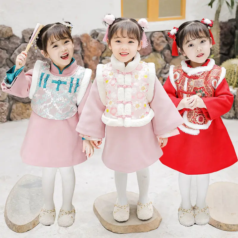 

2021 New Year's Suit Retro Tang Suit Jacket Dresses For Girl Chinese Traditional Hanfu Chinese Princess Dress Children Cheongsam